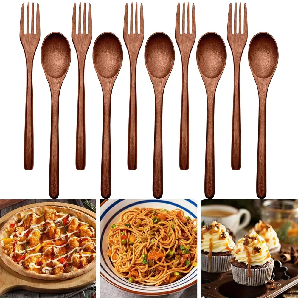 10pcs set Wooden Spoons Forks Set Wooden Utensils for Eating Wood Dinner Utensil Set Reusable Flatware Tableware Handmade Natural Cutlery Includes Spoon Fork for Cooking Eating Kitchen