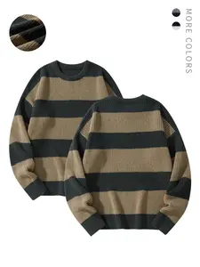 Men's Striped Print Round Neck Knitted Sweater, Casual Regular Fit Long Sleeve Jumper for Fall & Winter, Men's Knit Pullover for Daily Wear, Going Out Outfit