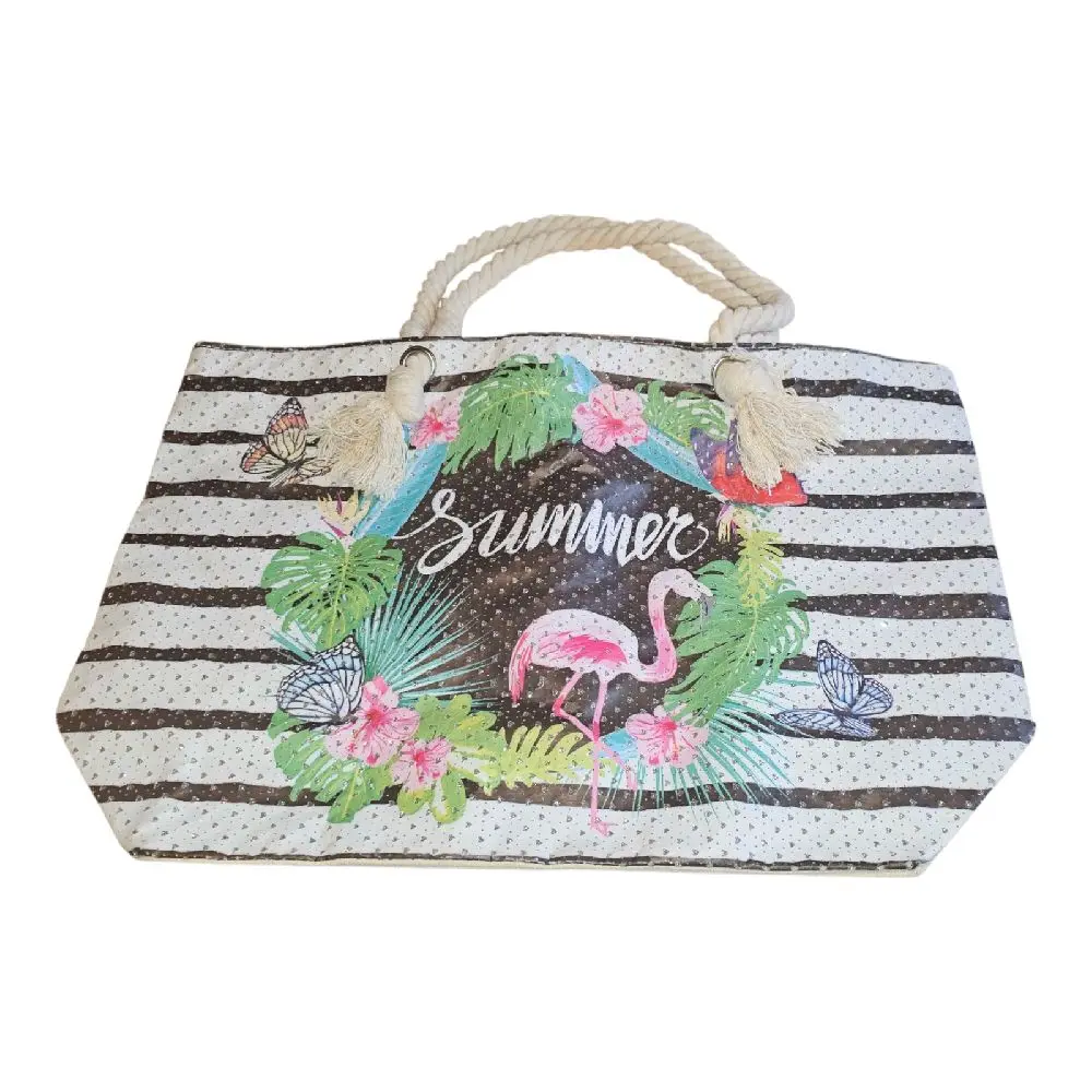 Tropical Flamingo Striped Tote Bag with Summer Design and Floral Accents for Summer Use