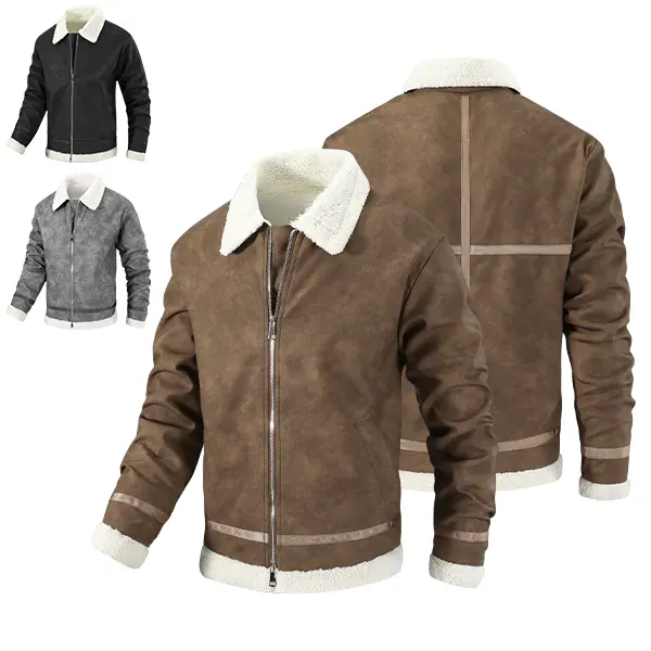 Autumn/Winter retro train-style jacket featuring a notched lapel and cuffs for warmth, zip-up cardigan design, distressed texture for a rugged, cool look; an eye-catching, warm textured piece for autumn/winter, casual outdoor everyday menswear top.