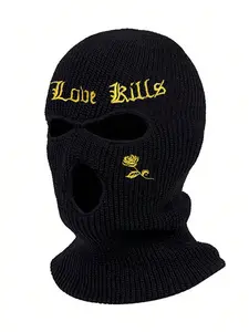 Unisex Street Trend Flower & Letters Embroidered Knitting Balaclava Hat, Trendy Cycling Balaclava Hat with Face Covering Mask, Professional Sport Accessories for Women & Men, Knitted Balaclava