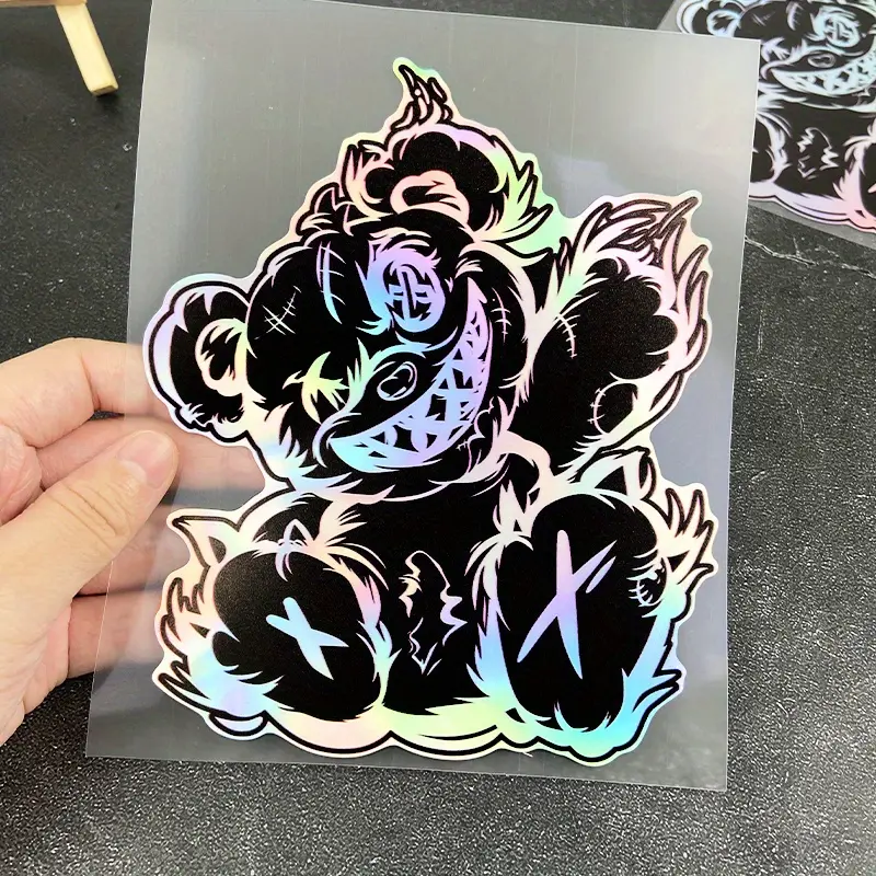 1PC Dark Bear Pattern Car Stickers, Bumper Sticker, Reflective Laser Theme, Evil Cartoon Demon Bear Decal, Universal Car Sticker, Car Decals, JDM Suitable for Cars, Motorbikes, Laptops and Skateboards, Great for Halloween and Christmas Gifts!