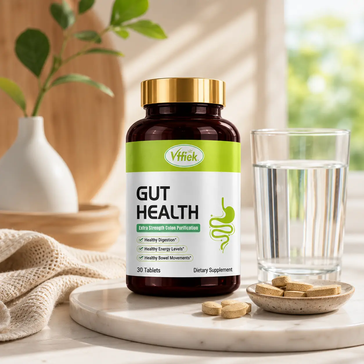 Vffiek Chewable Dietary Gut Health Supplement for Adults, 30 Tablets, Daily Digestive Wellness Support with Prebiotic Fiber, Probiotic Blend, Flaxseed, Okra, Senna Leaf & Inulin