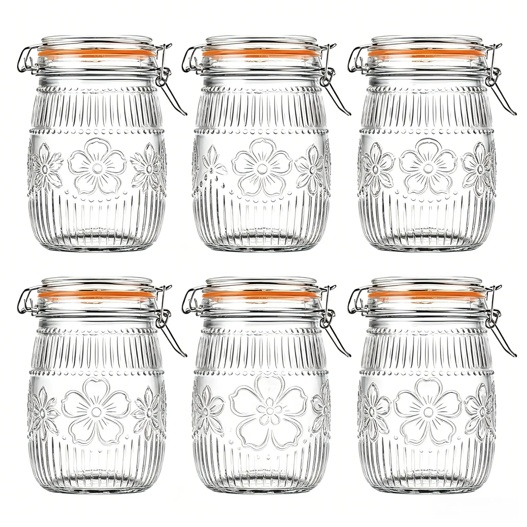 6-Pack 32oz (900ml) BPA-Free Retro Wide Mouth Airtight Smooth Glass Mason Jars Set - Food-Grade Sturdy Dishwasher-Safe Silicone-Sealed Kitchen Pantry Canisters with Vintage Clamp Lids, for Dining Table Home Decor, Flowers, Free Sticker + Small Brush Gift