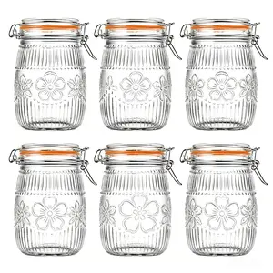 6-Pack 32oz Retro Wide Mouth Airtight Glass Mason Jars Set, Kitchen Coffee Containers, Food-Grade Sturdy Dishwasher-Safe Canisters with Vintage Clamp Lids, Pantry Food Preservation Storage, Free Sticker + Small Brush Gift