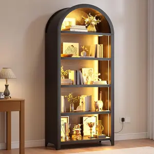 Wooden Arched Bookcase, Multi-tier Display Shelf Equipped with LED Sensor Lights and Three Light Modes, Unique Storage Rack for Books and Collectibles in Living Room and Bathroom