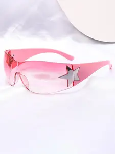 Women's Y2k Star Design Wraparound Frame Sunglasses, Trendy Casual Rimless Sunglasses for Everyday Use, Fashion Accessories for Outdoor Activities, Futuristic Sunglasses, Modern Trendy Sunglasses