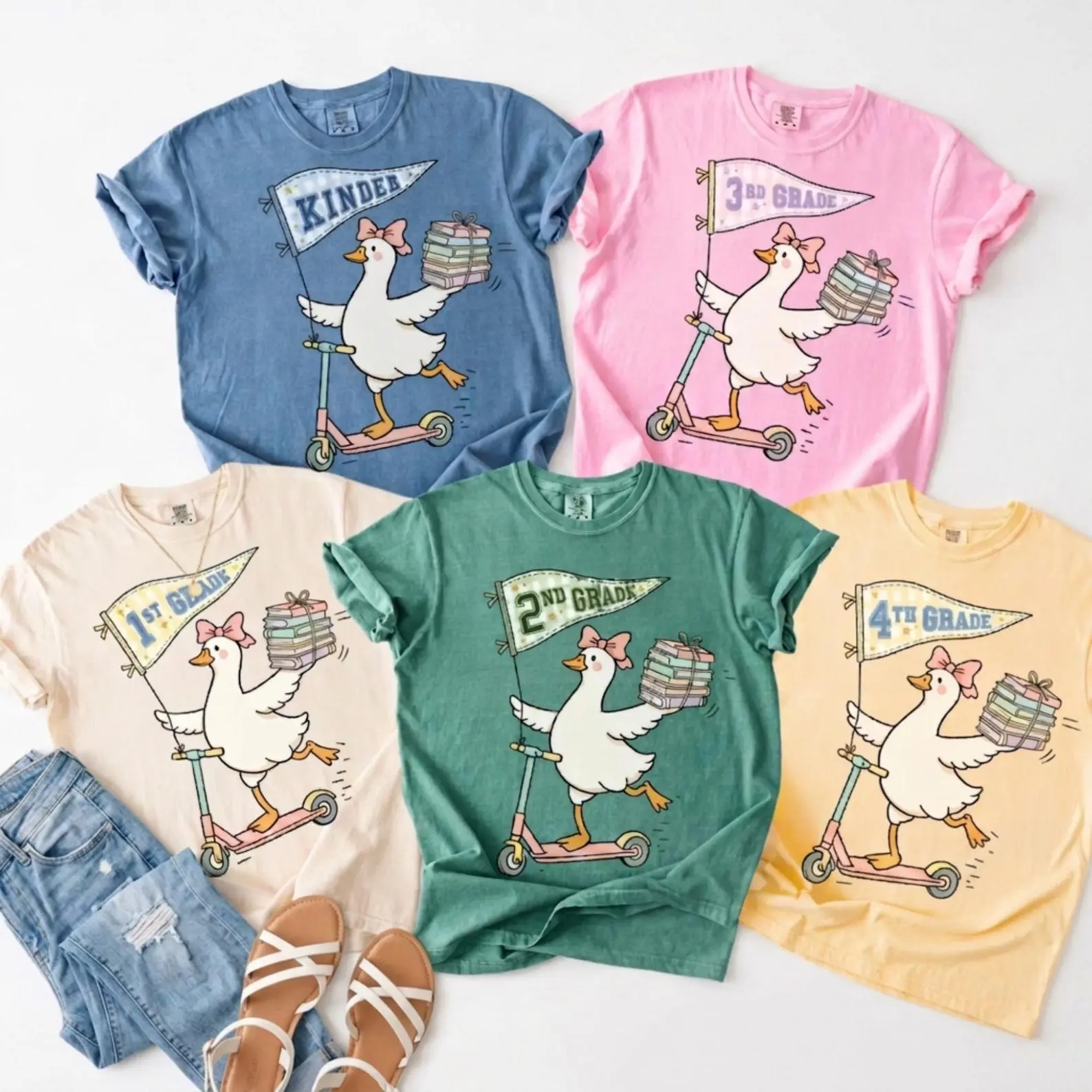 Comfort Colors Back to School Teacher Shirt Grade Level Teacher Tee Cute Duck Goose Scooter Shirt Kindergarten 1st 2nd 3rd 4th Grade First Day of School