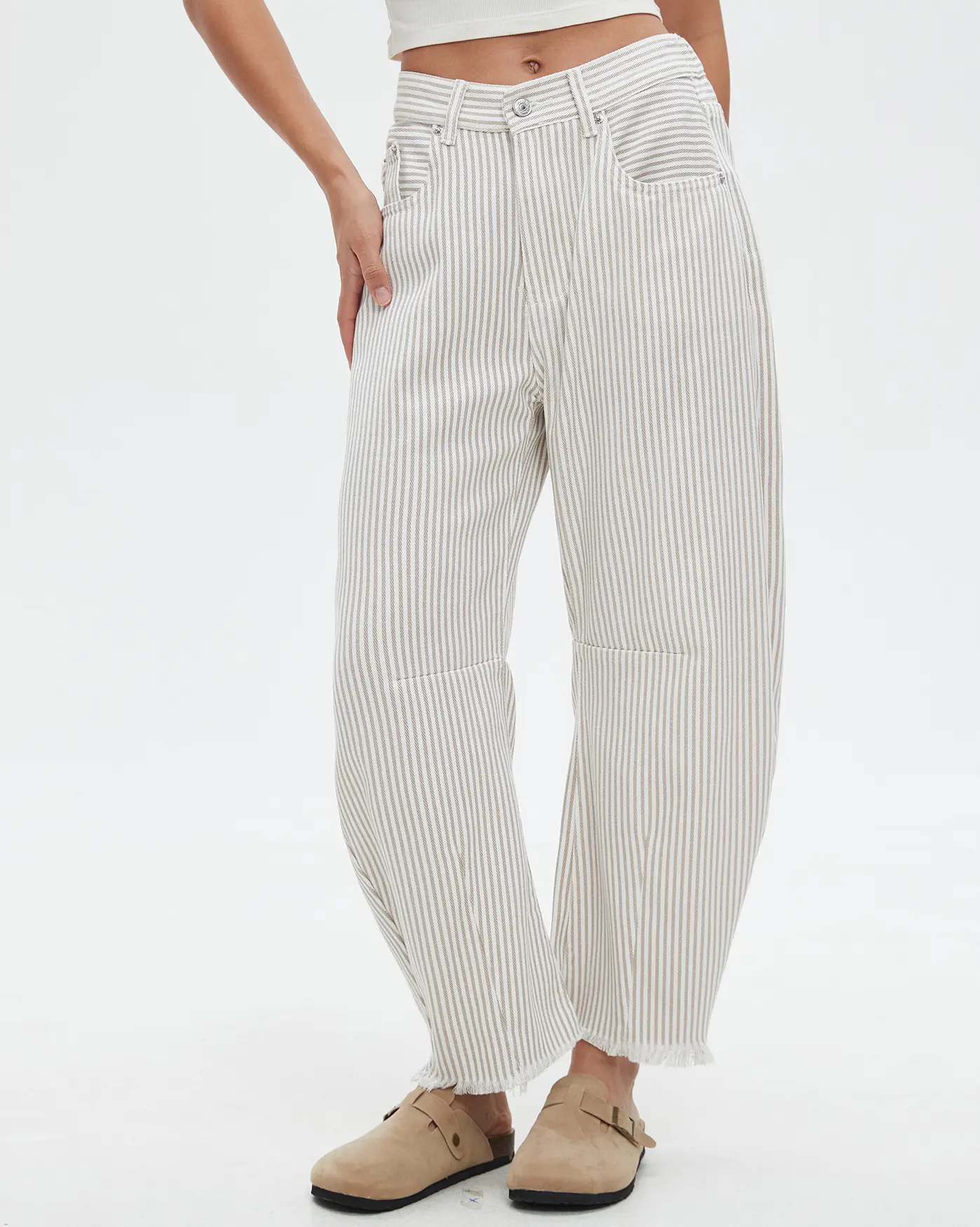 Women's High Waisted Stripe Barrel Pants, Baggy Bottoms with Raw Hem & Elastic Back Waist, Gorgeous Everyday Style Pairable with Tank Top & Matching Top, Blue & White Stripe Fit Cropped Striped Womenswear