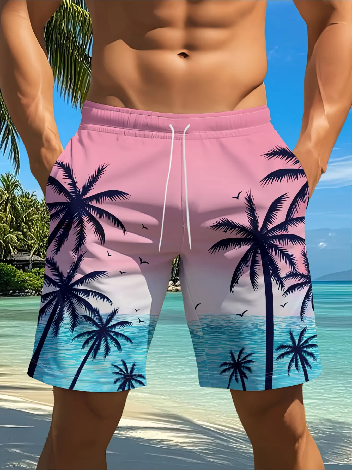 Men's tropical palm tree print swimming trunks - Quick-drying, comfortable summer beach shorts with drawstring waist, lightweight polyester fabric, suitable for casual swimming pool or vacation style Swimsuit Shorts Swimwear Shorts