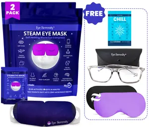 Eye Serenity Complete Eye Wellness Kit - 30 Self-Heating Steam Eye Masks, Blue Light Glasses, & Silk Sleep Mask for Dry Eyes, Screen Fatigue, & Sleep