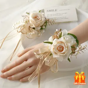 2-piece set of elegant rose wrist corsage and boutonniere, artificial champagne flowers with gold leaf accessories for weddings and engagements, suitable for brides, grooms, bridesmaids, best for men, bridal shower, prom, party, wedding decoration gift