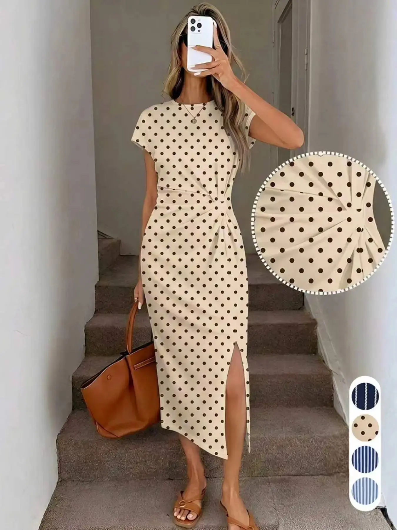 Tie Waist Bodycon Side Slit Dress, Round Neck Short Sleeve Split Midi Dress, Everyday Elegant Casual Style, Lightweight Office Wear, Summer New Arrival