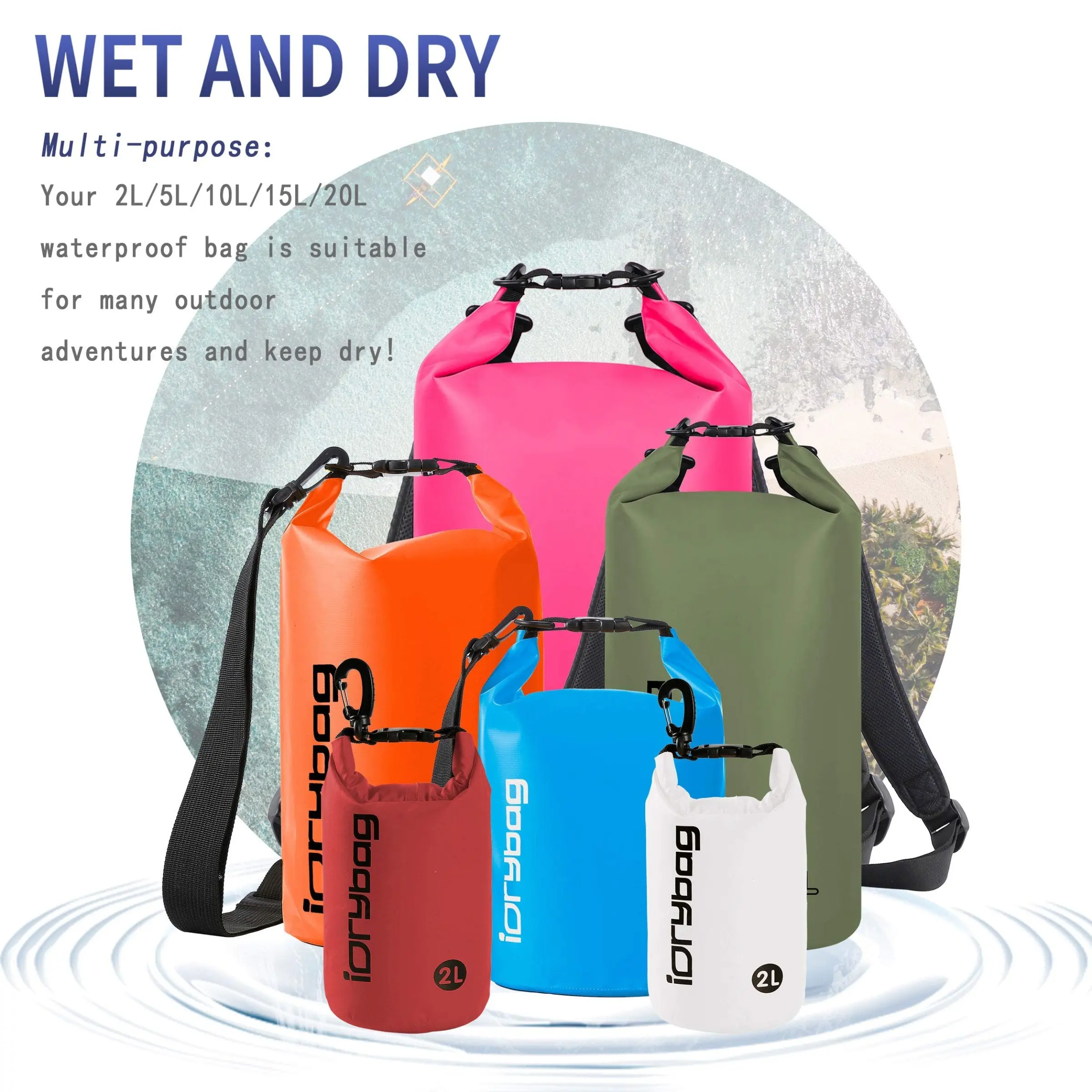 Idrybag Dry Bag,2L/5L/10L/15L/20L Multicolor Dry Bags Waterproof,Polyester Lightweight Drift Bag, Floating Dry Bag Roll Top Bag, Suitable for Outdoor, Kayaking, Rafting, Boating, Swimming, Camping, Hiking, Beach, Fishin