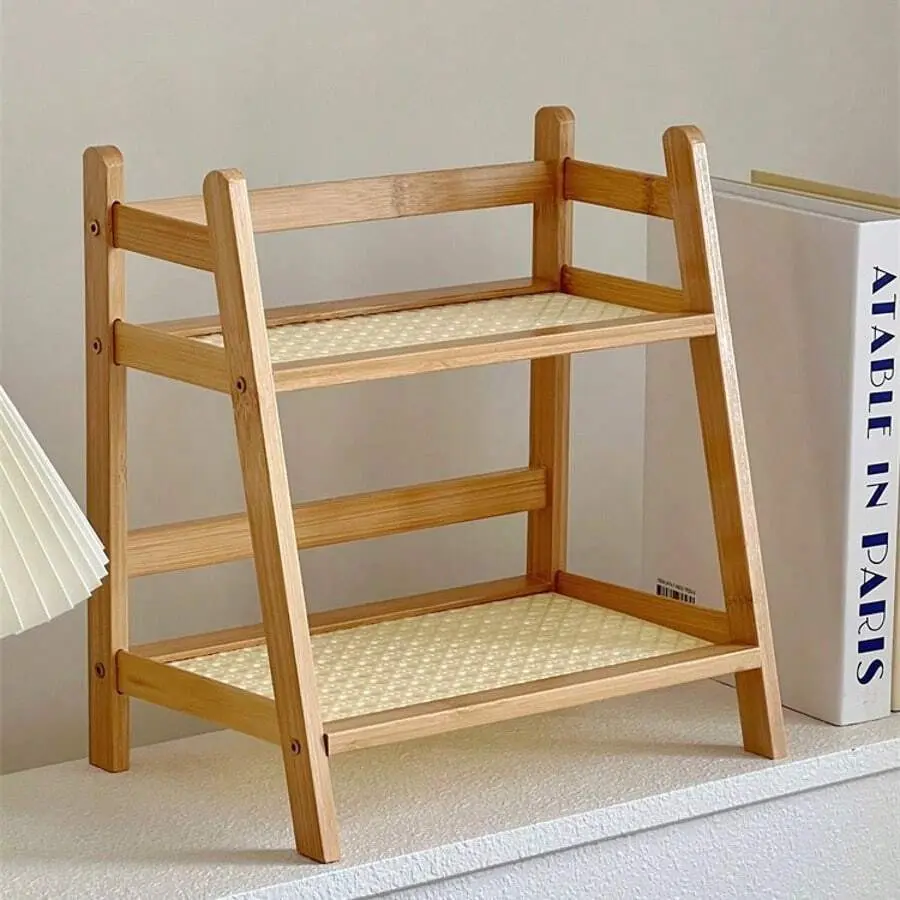 2/3-Tier Bamboo Freestanding Storage Shelf, Desktop Organizer, Desk Storage Rack, Kitchen Spice Rack, Doll Display Stand, Coffee Organizer, Cup Holder, Plant Pot Stand, Kitchen Storage Rack, Dorm Cosmetics Organizer. Suitable For Kitchen, B