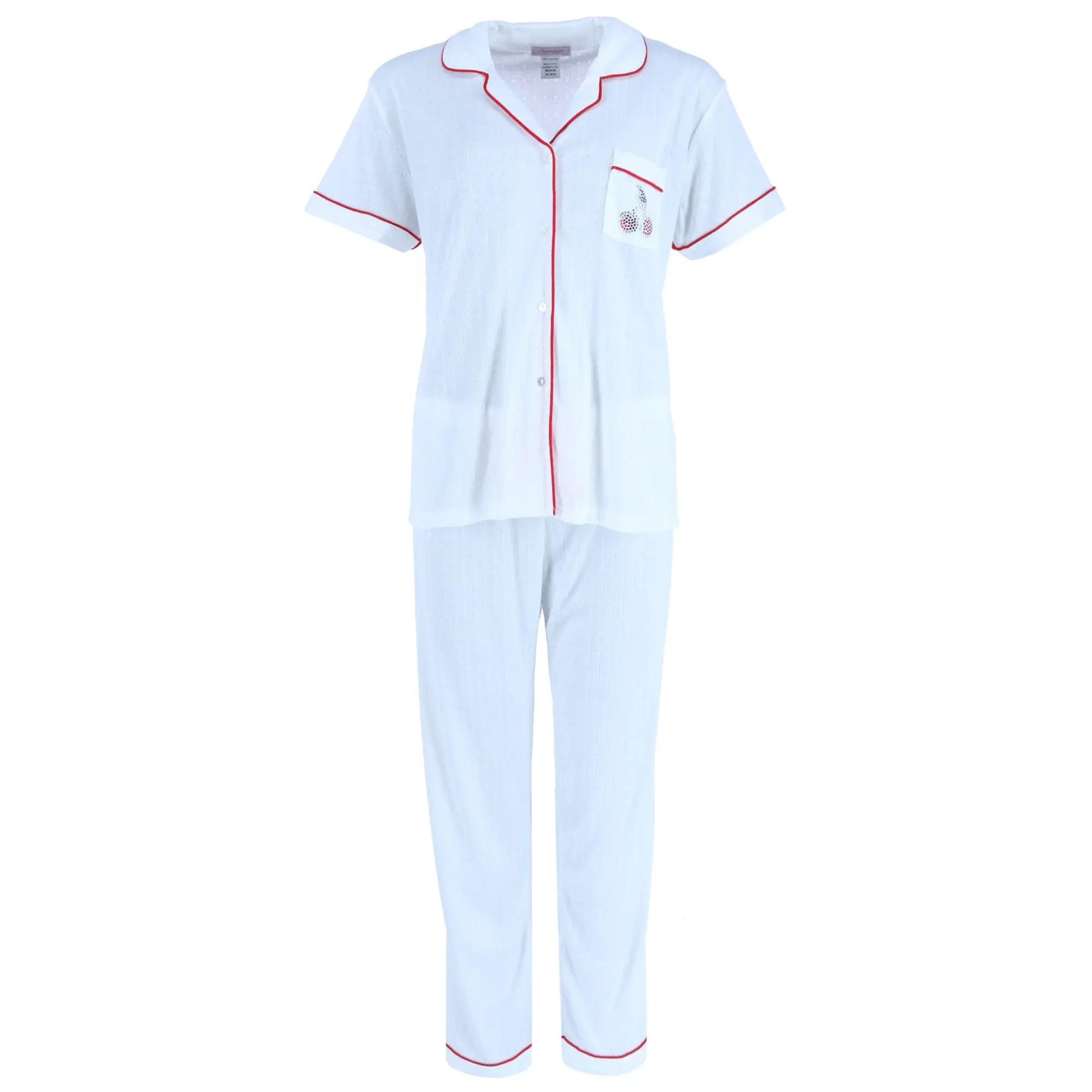 Overslept Women's Pointelle Cherries Notch Pajama Set, Long Leg Pajama Sets