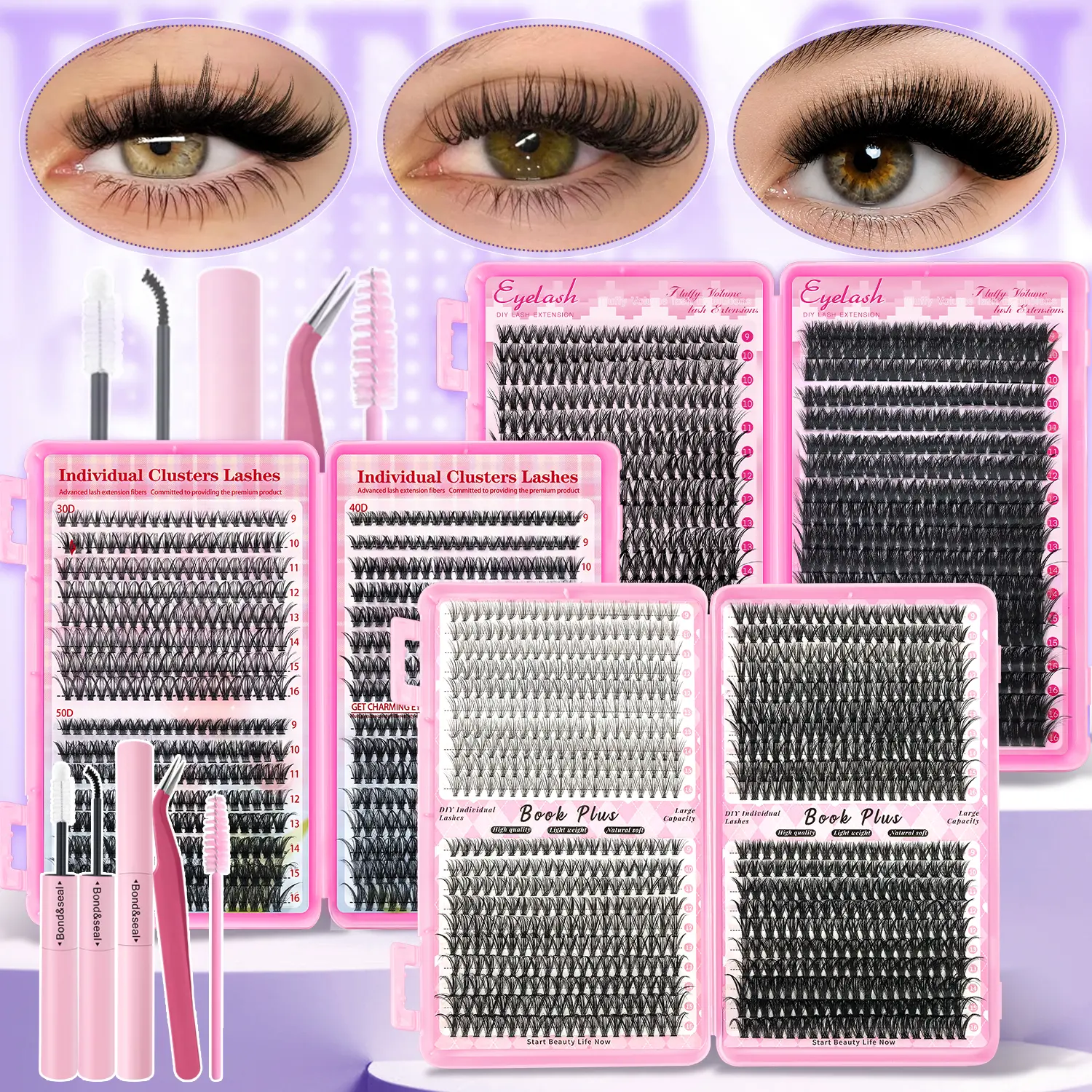 800pcs Individual Lash Clusters Kit, 20D+30D+40D+50D Fluffy Wispy 10-16mm Mixed Length DIY Lash Extension Kit with Bond & Seal +  Tweezers + Brush, Natural At Home Self Grafting False Eyelashes for Beginners[20D-160D Mixed Styles Eyelashes]