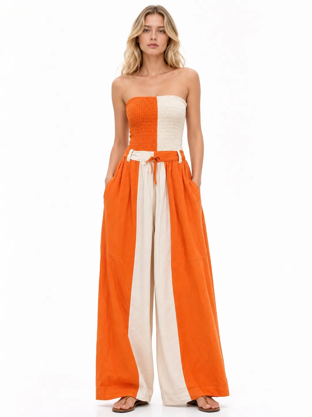 Women's Chic Strapless Jumpsuit, Color Block Smocked Tube Top and Comfortable Wide Leg Pants with Tie Waist for Summer Vacation, Day, Style, Casual