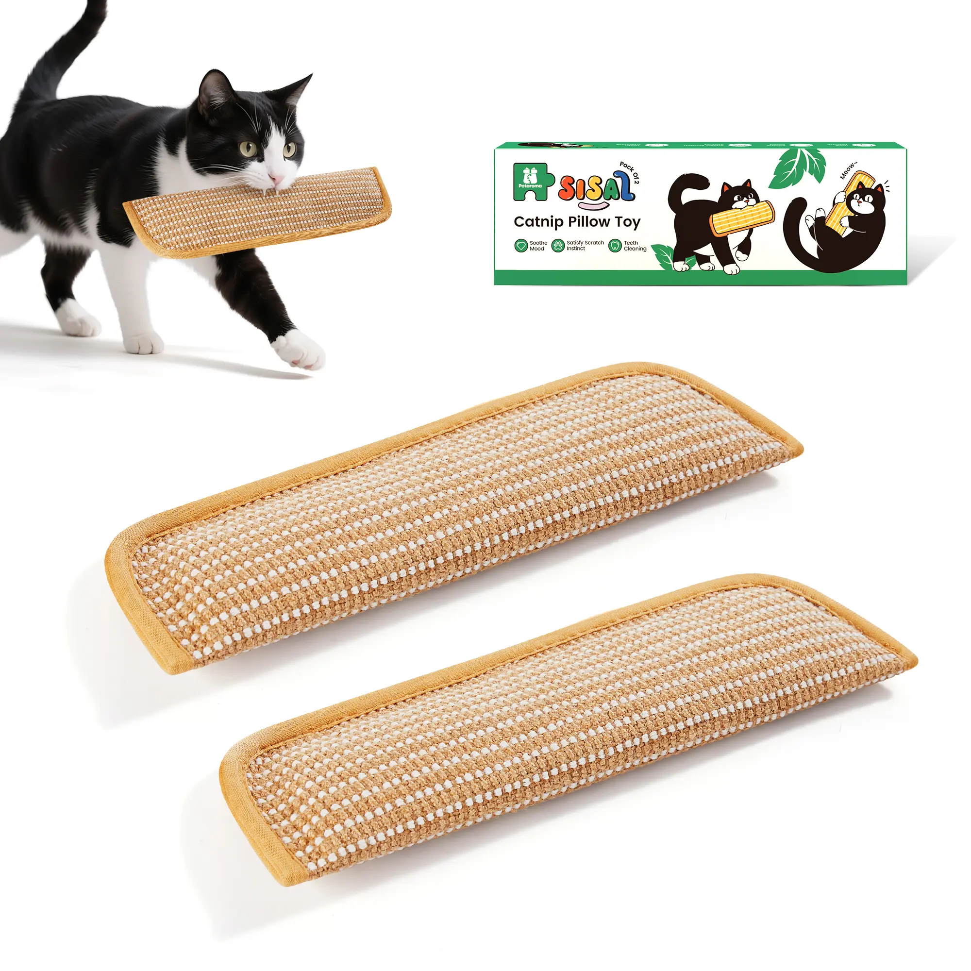 Potaroma 2-Pack Cat Kicker Toys, Soft Natural Sisal Scratching & Chewing Toys, Interactive Boredom Relief Toys for Indoor Cats & Kittens