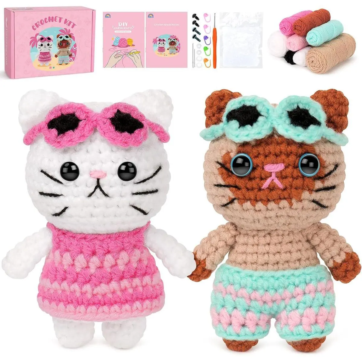Crochet Kit for Beginners, Couple Cat Crochet Kit for Beginners Adults Kids, Crochet Cat Kit with Step-by-Step Video Tutorials, Creative Handmade Crochet Gifts for Cat Lovers
