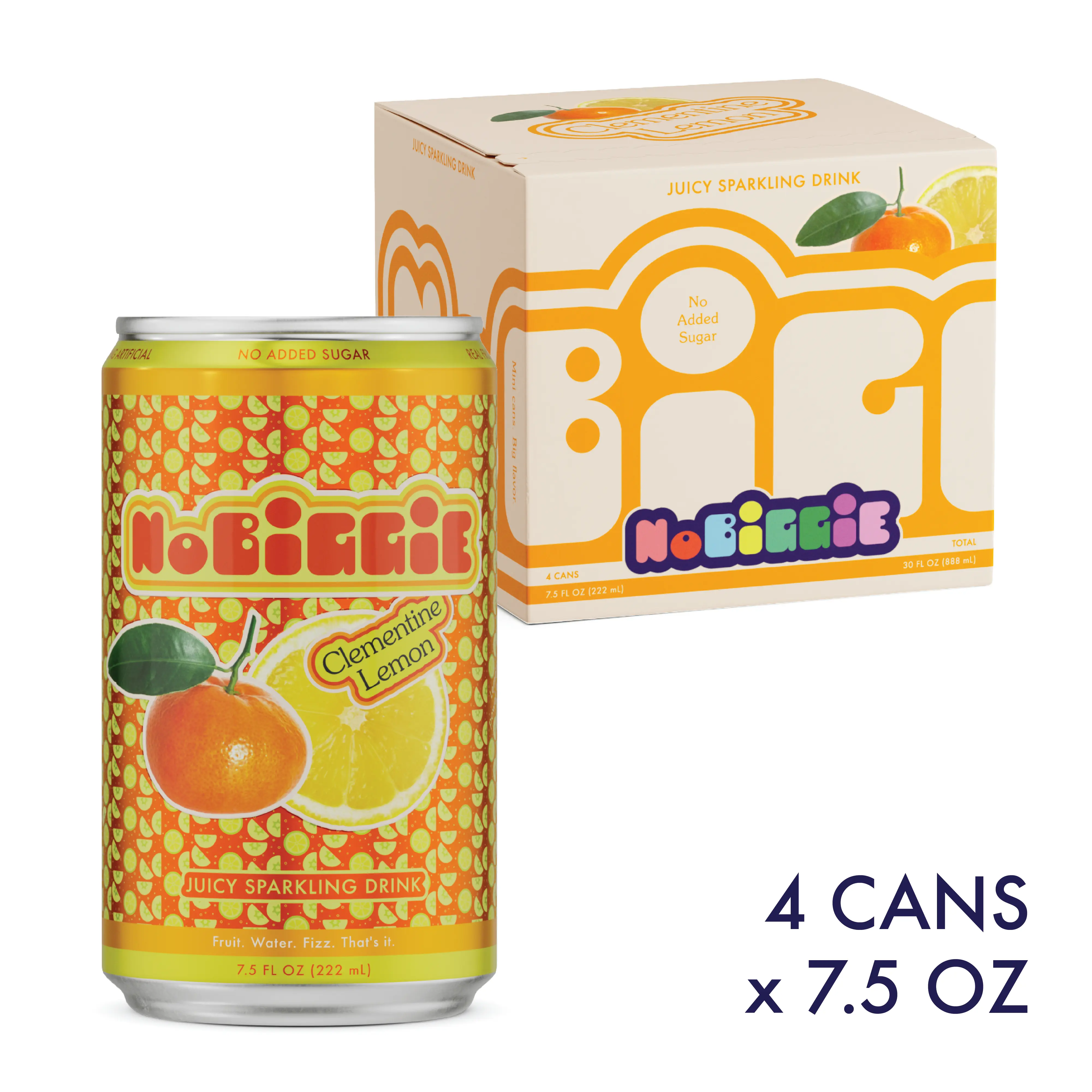 NoBiggie Clementine Lemon Sparkling Juice for Kids | 4-Pack Mini Cans | Made with Real Fruit Juices & Purées, 4 x 7.5 fl oz Cans, Only 5g Sugar per Can, No Added Sugar, No Artificial Ingredients