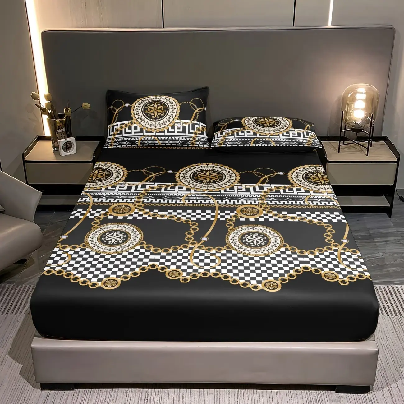 3-piece set of European style architectural printed bedding (bed sheet, pillow), including 1 elastic fit bed sheet and 2 pillowcases, soft and easy to care for, suitable for decoration all year round.
