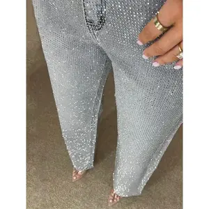 Y2k Women Shiny Rhinestone Denim Pants Wide Leg Straight Full Diamond Jeans for Female Dragging High Street Outwear Trousers Fashion Womenswear