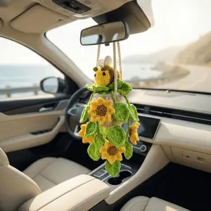 Handmade Crochet Sunflower Bee Car Hanging Charm - Yarn-Crafted, 3.15x6.69 in, Ultra-Lightweight, Cottagecore Vibe Aesthetic Accessory, Ideal for Car Decor & Gifting to Women