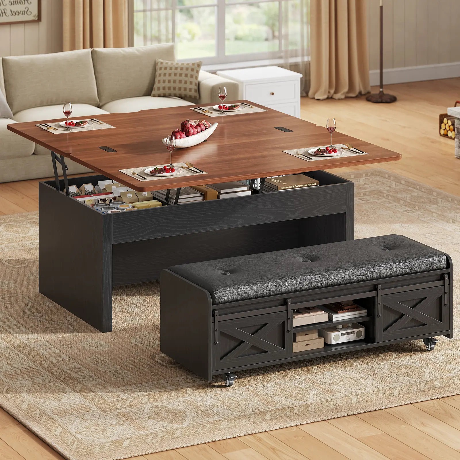 Itaar Lift Top Coffee Table with Storage Bench, Farmhouse Convertible Coffee Table to Dining Table for 4-8, 4 Modes with Hidden Compartments & Sliding Barn Door