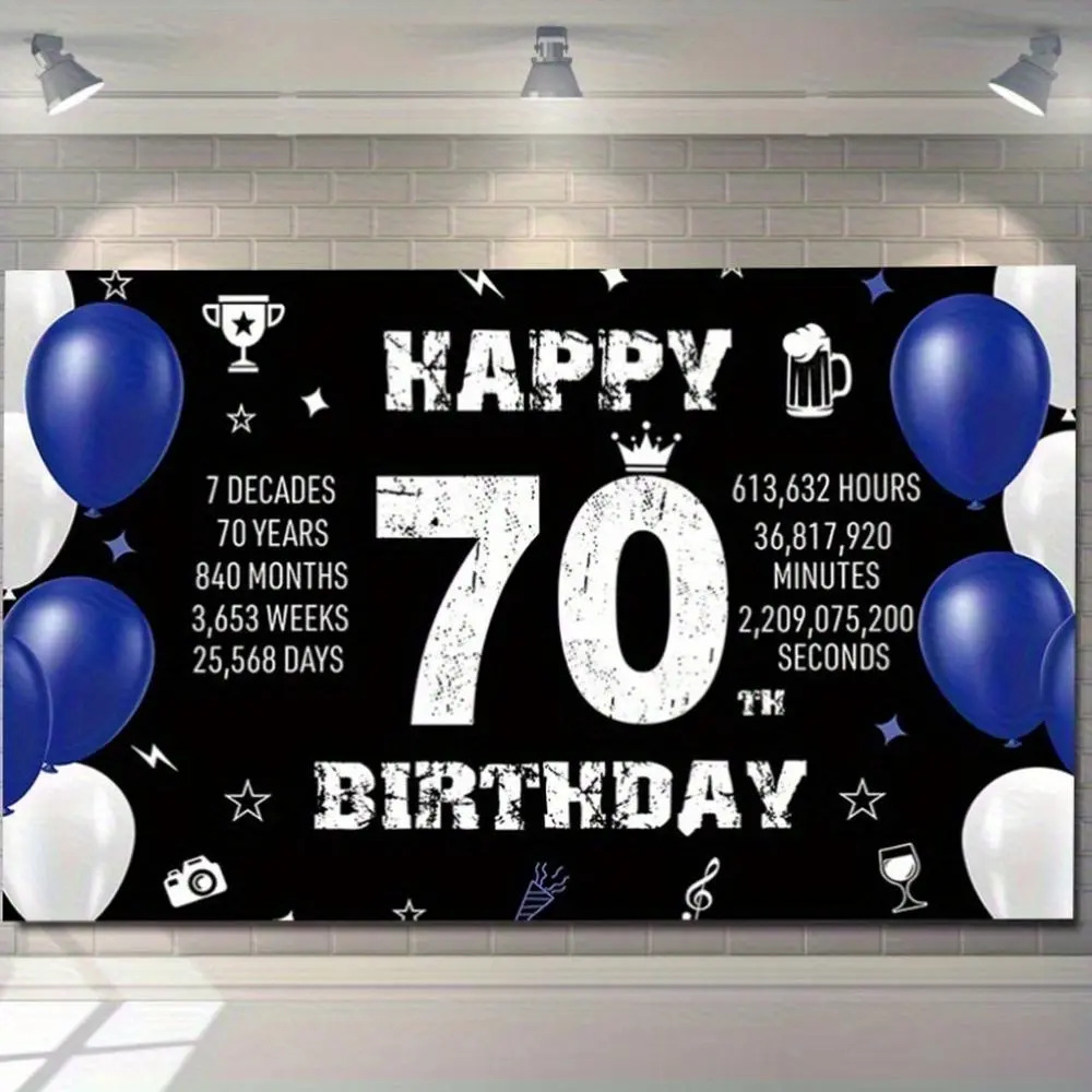 1PC 2D Flat Polyester Print Reusable Backdrop, Black-Themed 70th Birthday Party Decorations Banners with Time Stats, 70-Year-Old Birthday Background Wall Prop
