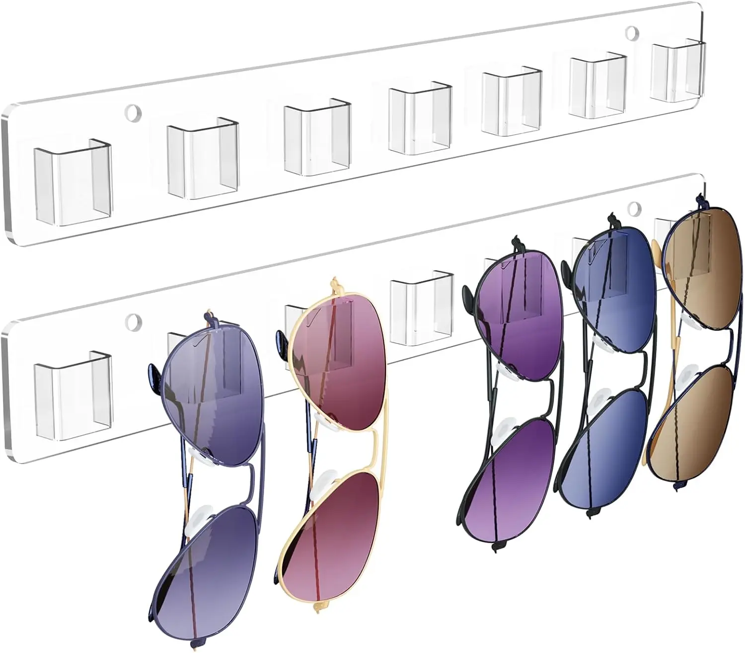 Women's Chic Durable Adjustable Transparent Acrylic Wall-Mount Sunglasses Organizer (2 Piece Sets), 14.6in Long 2in Wide Storage Shelf, Adhesive Tape Easy Installation, Bedroom Home Wall Holder, Ideal Gift, Daily