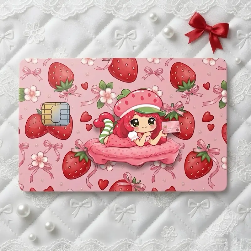 Strawberry Shortcake Girl Credit Card Skin Cute Waterproof Vinyl Sticker Aesthetic Card Cover 3.37 x 2.125 in Premium Scratch Resistant Laminated Protection for Standard Cards