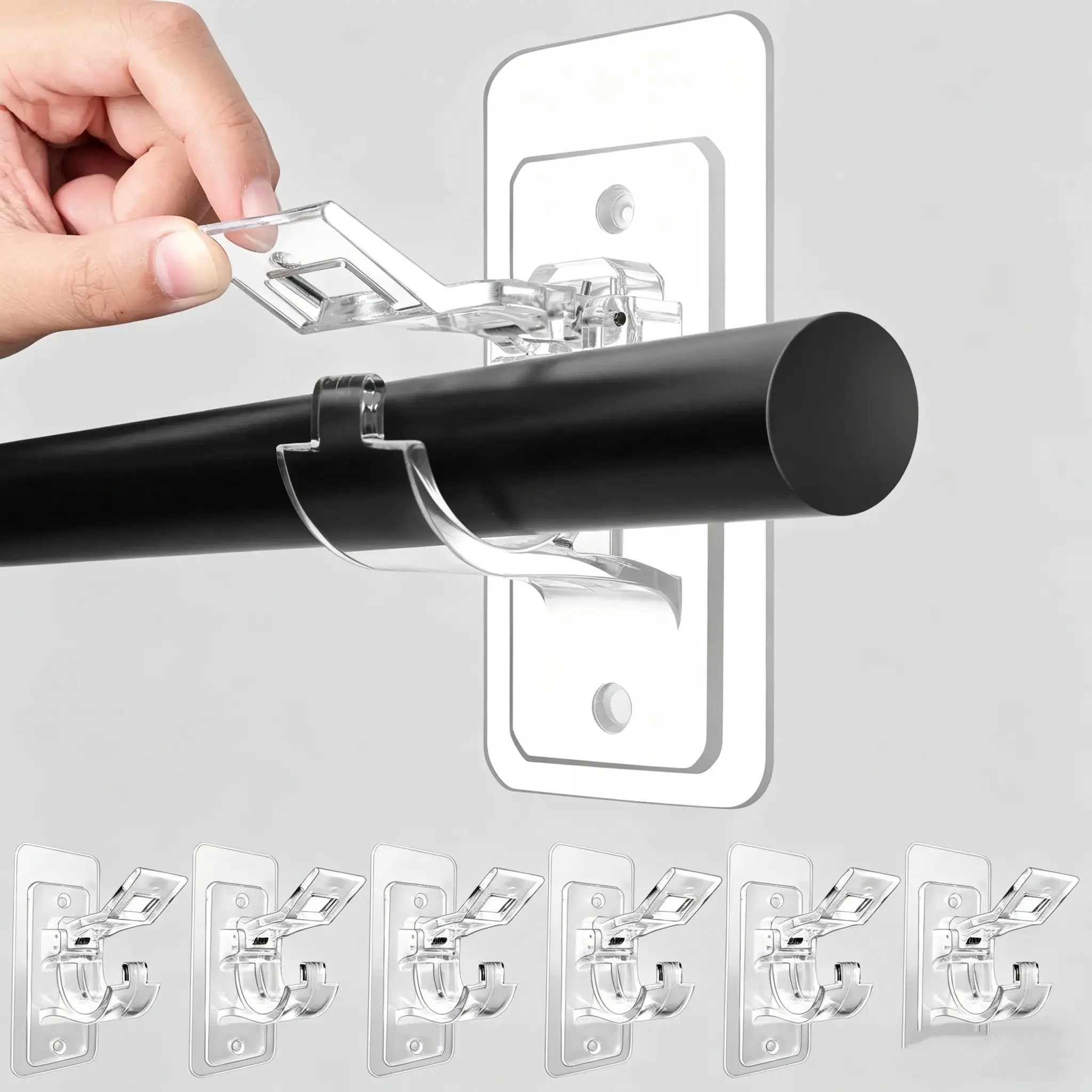 6-Pack No Drill Needed Curtain Rod Holders Brackets, Self Adhesive Rod Holder Hooks, Multipurpose Nail Free Stick on Curtain Rod Hooks Decor Bathroom