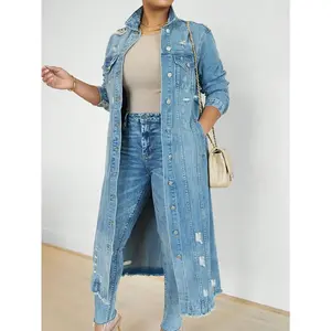 Womens Distressed Ripped Denim Trench Coat Casual Slim Button Down Washed Long Jean Jacket Long Sleeve Solid Color Coat SpringStatementsRAIMENTRY