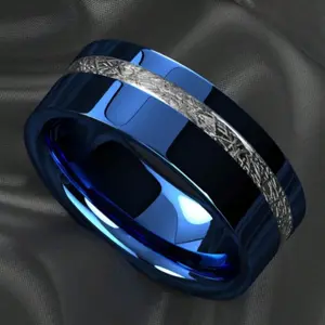 8mm silver-plated ring in blue, black, and silver with 3 color options, inlaid with meteorite stones, suitable for couples, comfortable to wear and ideal as a wedding ring or engagement ring.