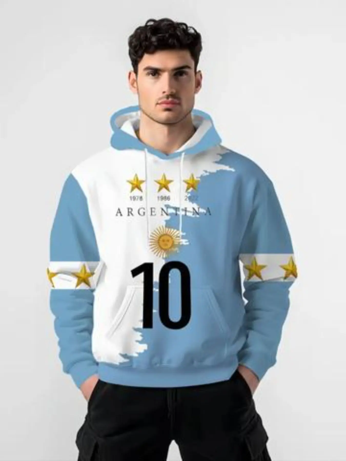 Men's Casual 3D Print Graphic Hoodie Sweatshirts, Argentina Flag and Stars Design, Fashion Blue Polyester Pullover, Drawstring, Long Sleeve