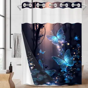 1PC 2D Flat Dreamy Fluorescent Blue Butterfly Forest Shower Curtain, Firefly Wood Butterfly Design, Waterproof Detachable Liner Bathroom Curtain, Bathroom Decor (No Hooks)
