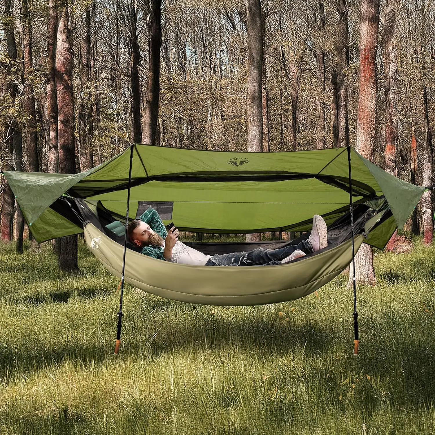 Night Cat 4-in-1 Durable Nylon Spun Camping Hammock Tent - Lightweight Portable Outdoor Waterproof Survival Gear with Rain Tarp, Mosquito Net, Carabiners for Hiking, Jungle Trips, Durable Hammock, Outdoor Waterproof Hammock