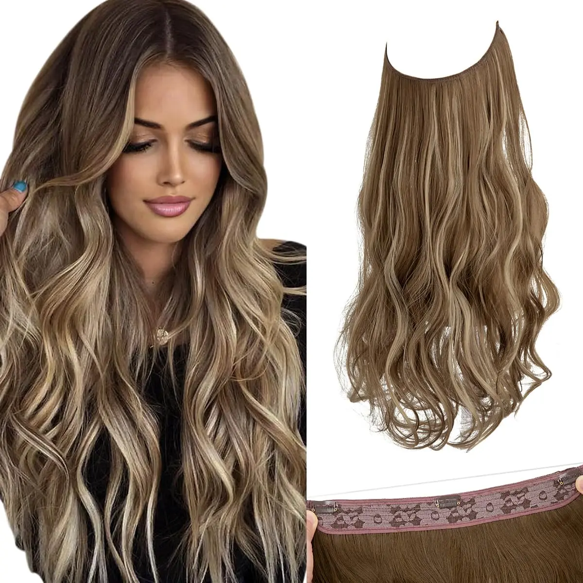 18-Inch Wavy Invisible Wire Synthetic Extensions for Women, Adjustable Hairpiece with 3 Clips, Ash Medium Brown & Ash Blonde Highlights, 18-Inch Synthetic Extensions & Pieces, Brown Blonde Color Blend Synthetic Extensions & Pieces