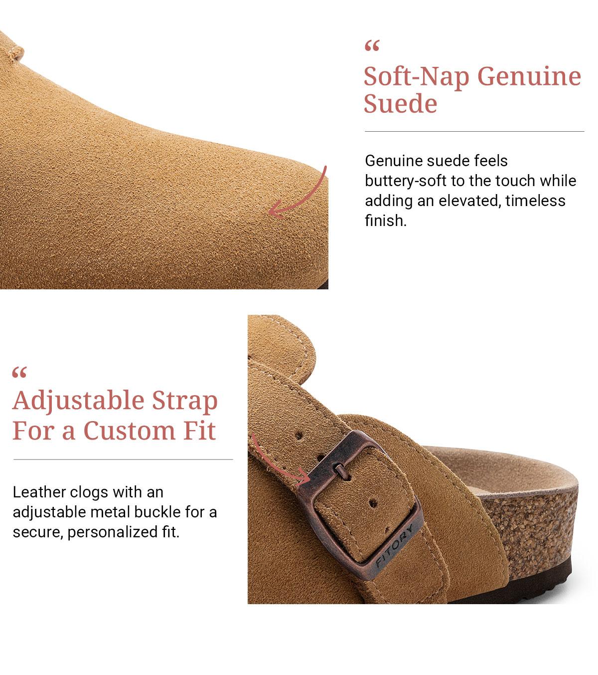 FITORY Breathe I | Women’s Suede Clogs, Womens Round Headed Cork Clogs, Suede Leather, Adjustable Straps Size 6-11