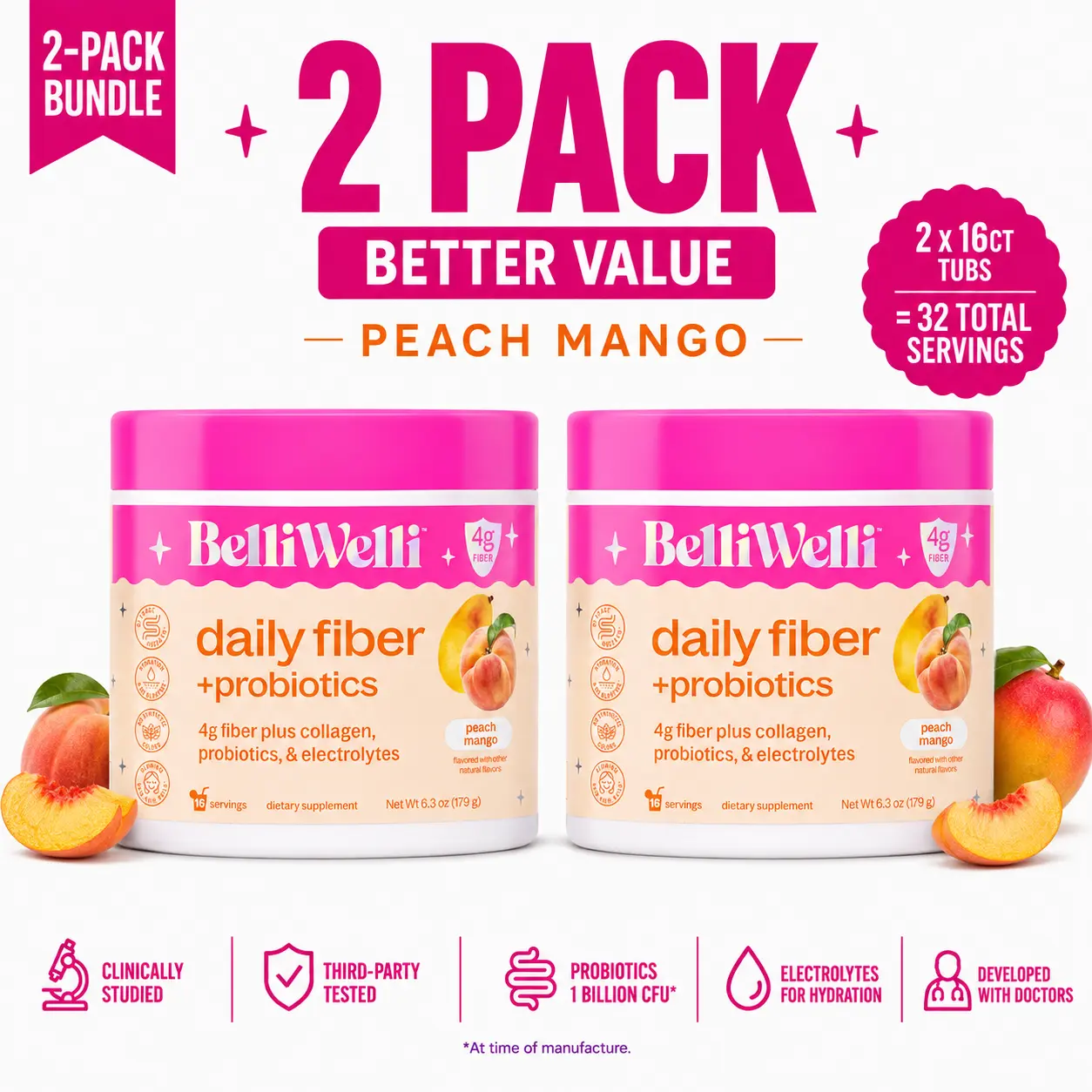 BelliWelli Daily Fiber + Probiotics - Peach Mango- 2 pack