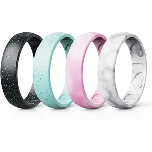 Silicone Rings for Women - Heart [I Love U] Pattern Airflow Inner Grooves Breathable Rubber Wedding Ring Silicone Wedding Bands for Women - 8 Rings / 4 Rings