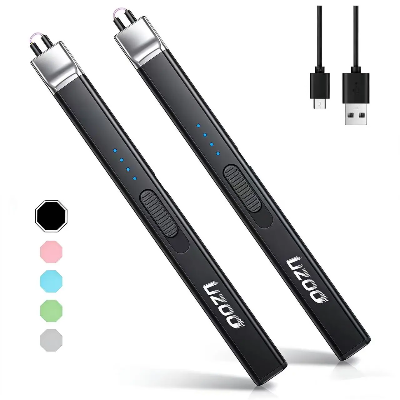 2 Pack Long Electric Candle Lighters, LED Display Rechargeable Arc Lighters, Windproof for Aromatherapy, Camping, BBQ & Gas Stoves - Deep Black