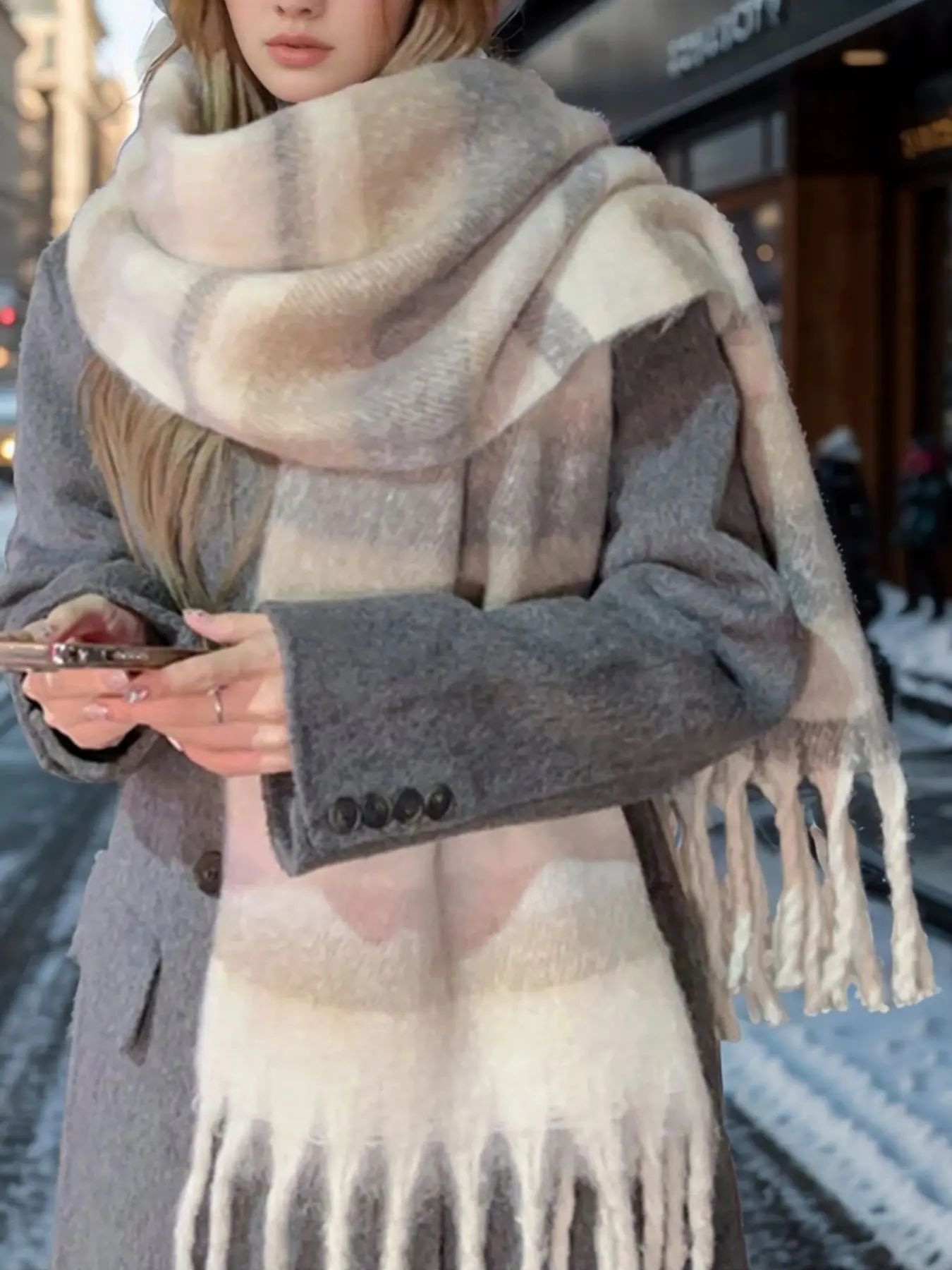 Women's Striped Cashmere Scarf, Soft Warm Woven Fabric, Casual Style, Perfect for Fall & Winter, Daily Wear, Travel Gift, Tassel Decor Fashion Shawl, Shawl Wrap