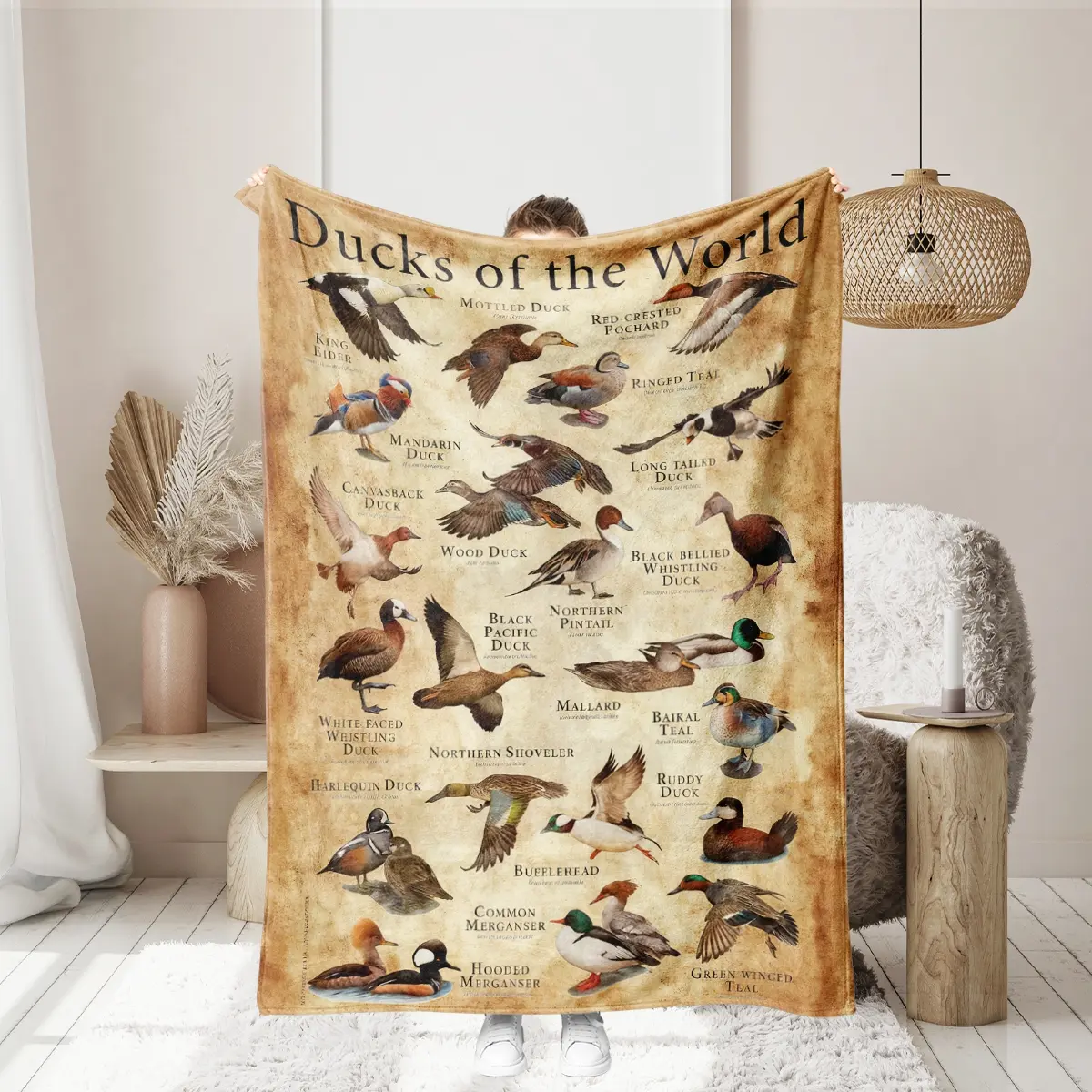 1 piece of world duck picture guide themed blanket, Flannel Cozy Blanket, covered with a variety of mallards, mergansers, forest ducks, etc. Soft and comfortable bedrooms, living room, sofa cover blankets, camping blankets, etc.