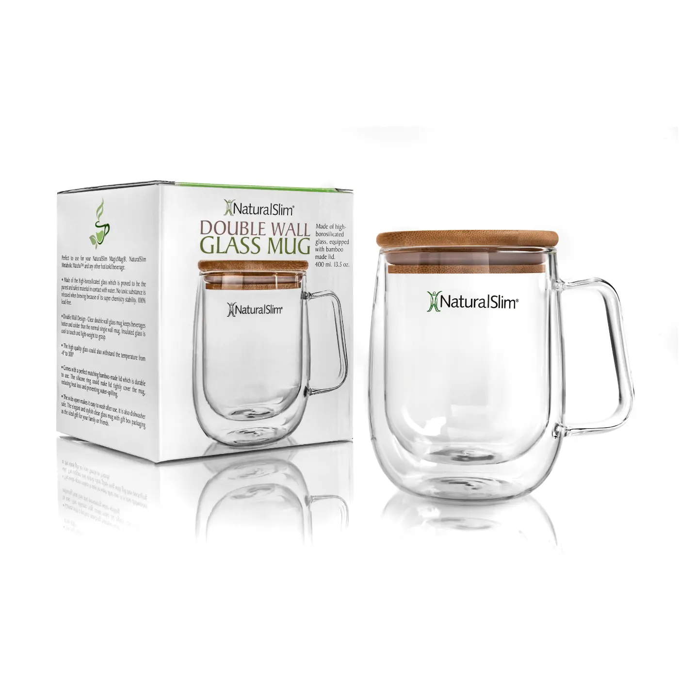 NaturalSlim Double-Walled Glass Cup Set - 400ml Borosilicate Glass Tumbler with Bamboo Lid