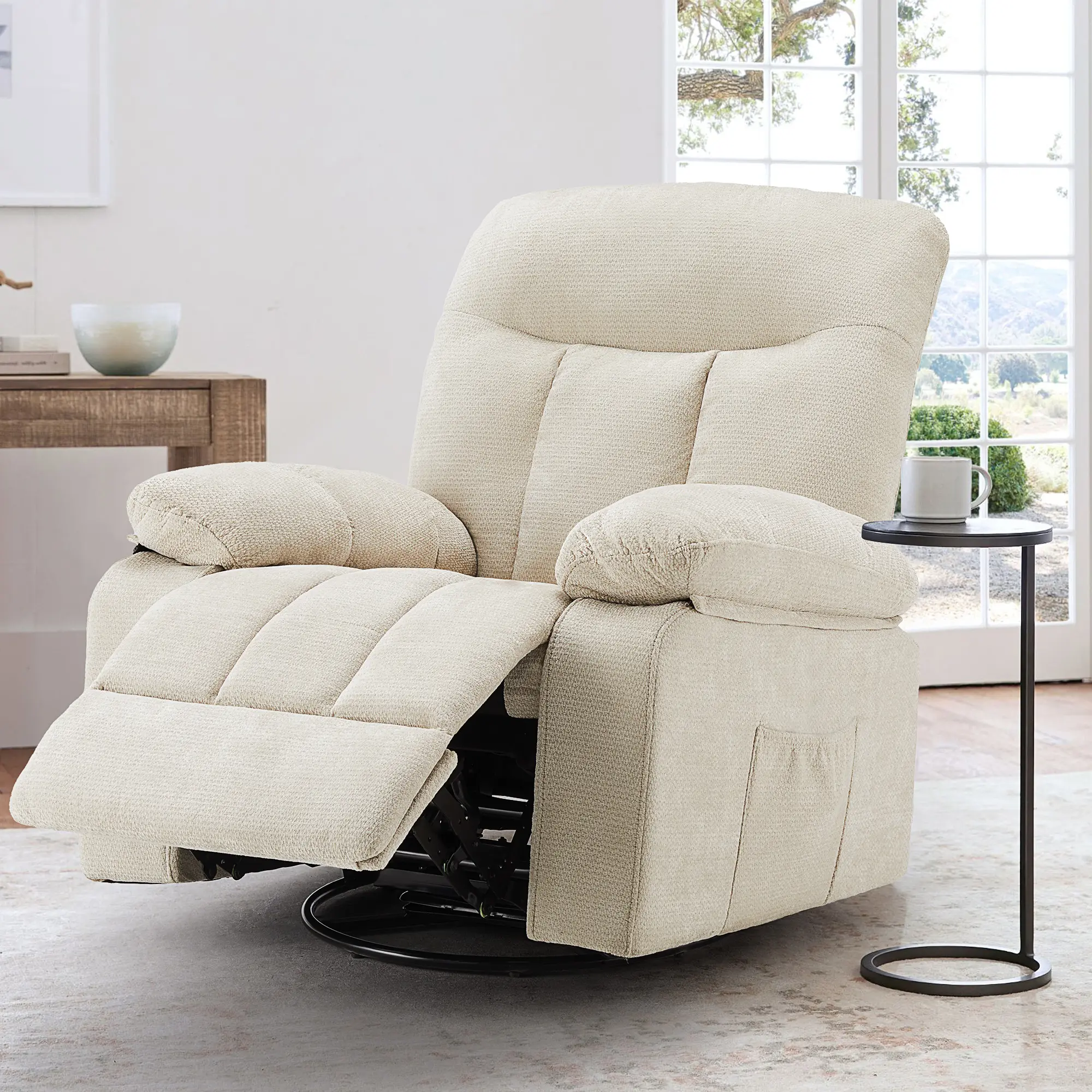 Classic Sturdy Iron Swivel Rocker Recliner Chair - 270° Rotating Chenille Fabric, Vibration Massage, Lumbar Heating, Footrest, Timer, for Living Room & Bedroom