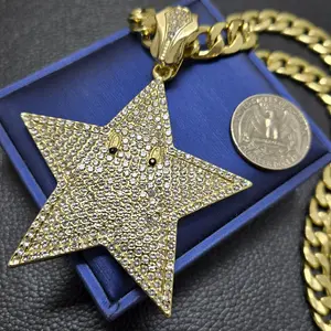 MaxBling81 Men's Hip Hop Gold Chain Necklace, Iced Out Cubic Zirconia Large Star Pendant with 10mm Cuban Link Chain, 18-30 Inch