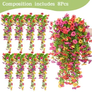 Mother's Day Gift |8 PCS Faux Silk Daisy with Eucalyptus Leaves, Artificial Fake Hanging Flowers Plants for Outdoor Autumn Decoration,UV Resistant Look Real Long Trailing Vines for Outside Home Indoor Planter Porch Patio Balcony Yard Decor