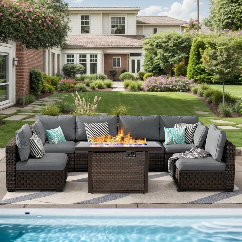 Gaptainer 7-Piece Stable All-Weather Rattan Sectional Couch Patio Furniture Set with 44" Firepit Table, 4" Thick Cushions for Backyard, Balcony familyfun